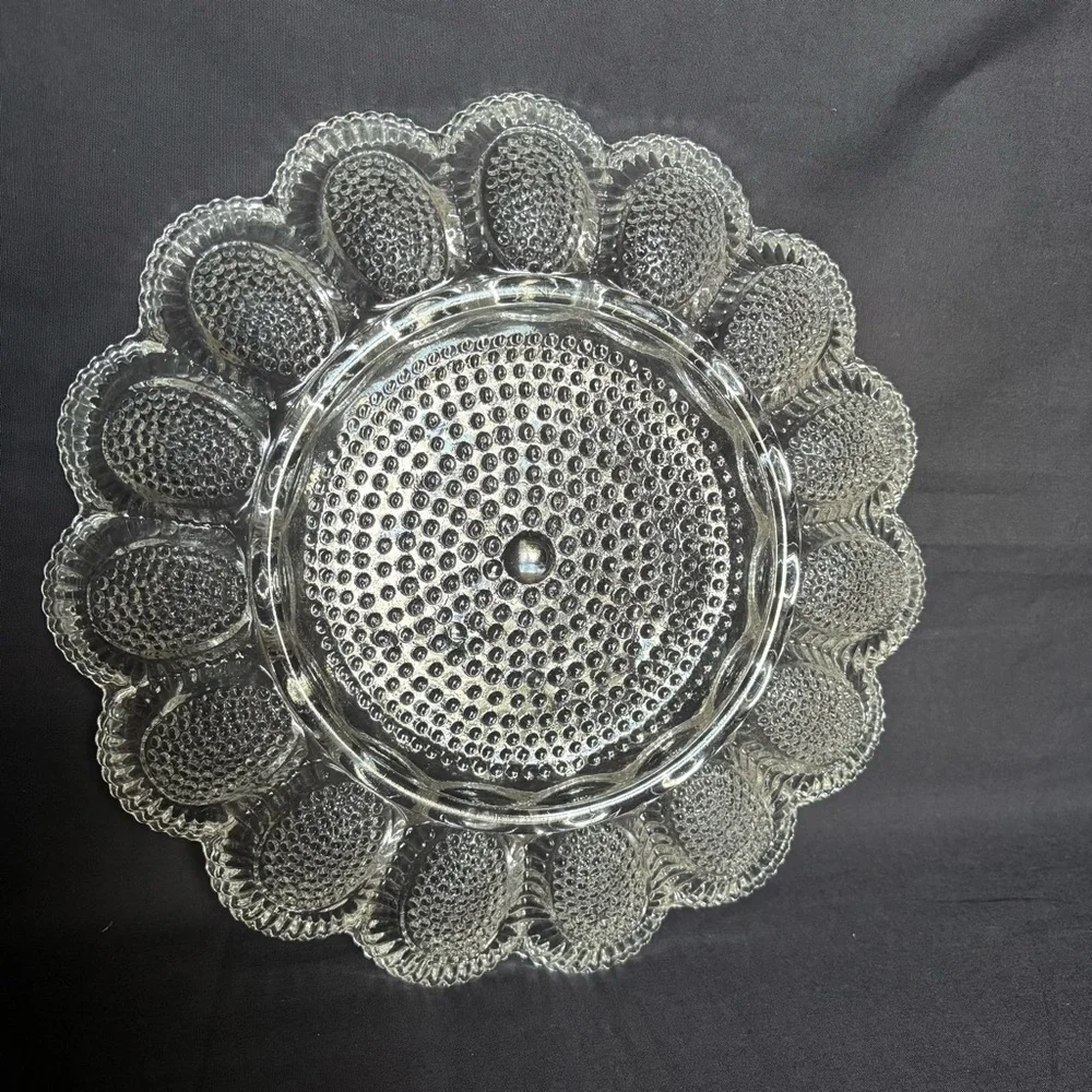 Vtg. Indiana Clear Hobnail Decorative Glass Deviled Egg Serving Platter 11”